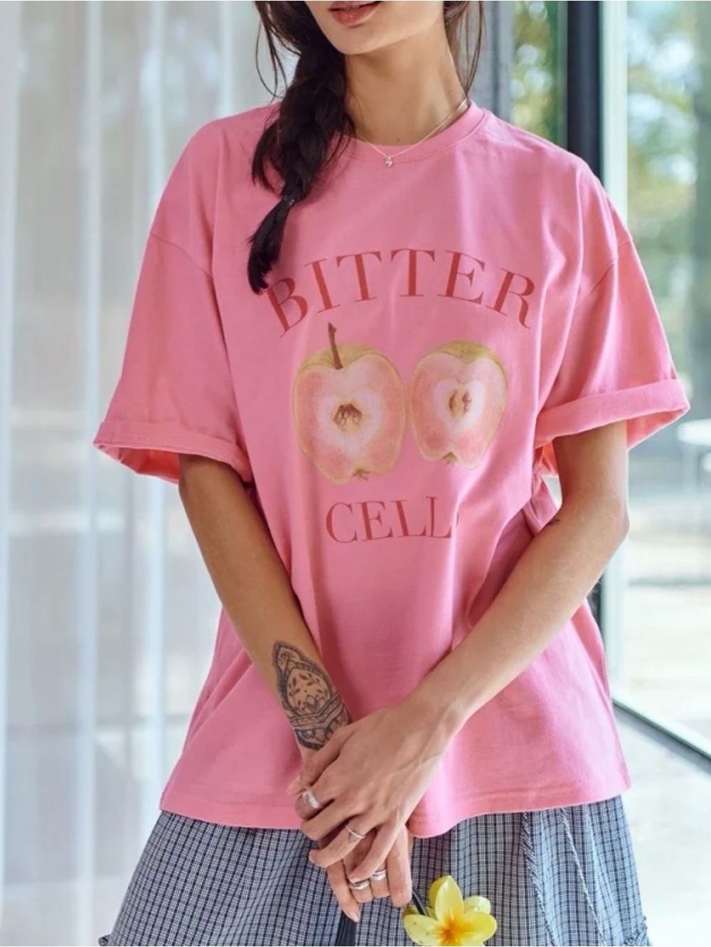 Korean Women Bitter Cell Pink Graphic Tee